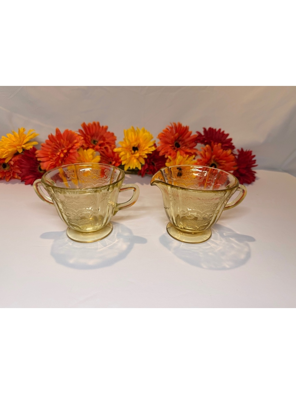 Federal Glass Madrid Amber Sugar Bowl & Creamer Set Vintage Depression Glass